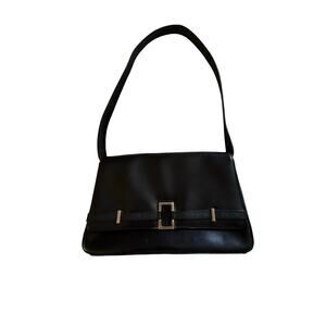 Liz Claiborne Black Shoulder Bag Faux Leather Flap Purse Silver Hardware Classic